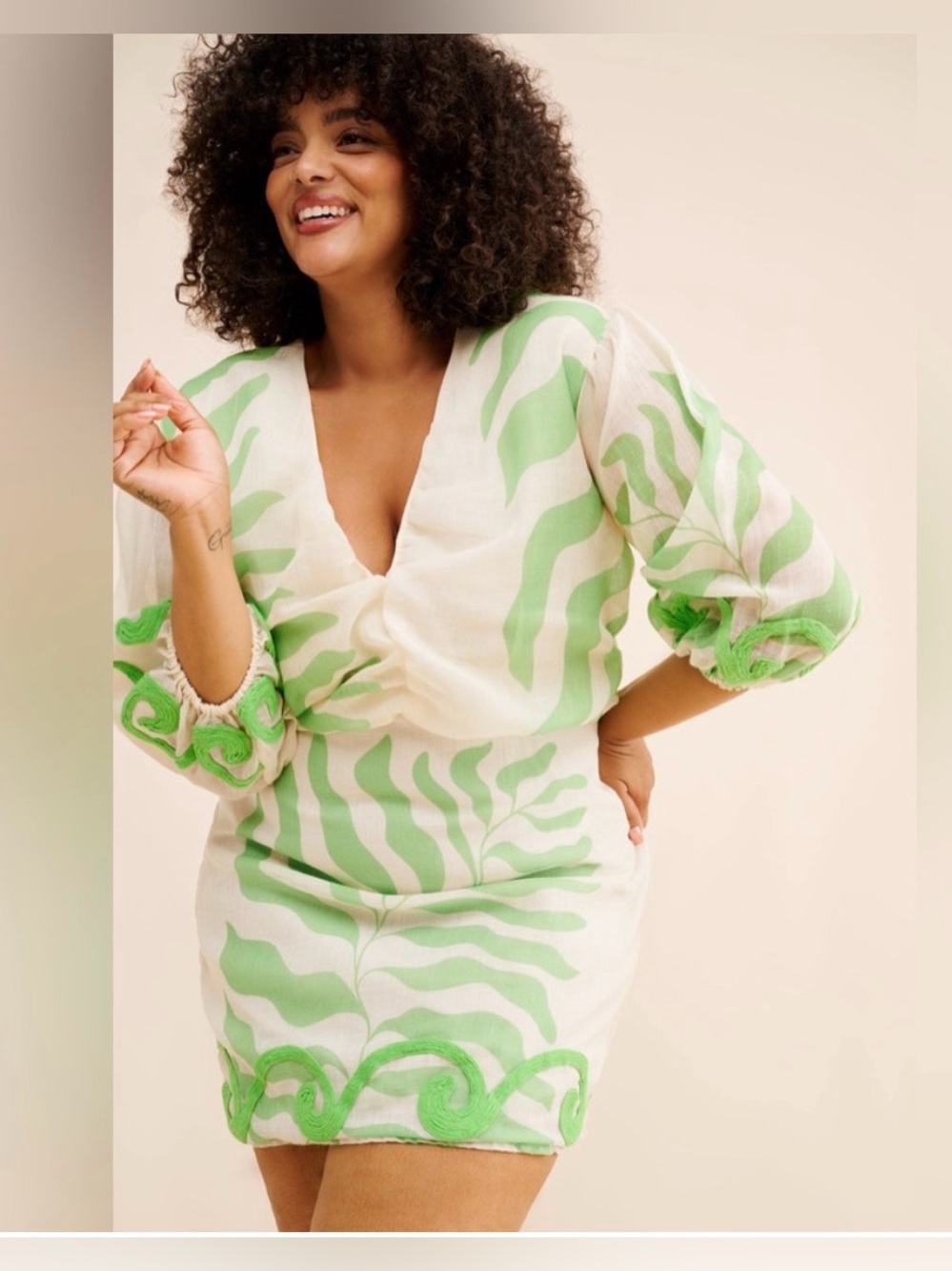 Forever That Girl 2X Green Botanical Embroidered Ruched Mini Dress NWT
